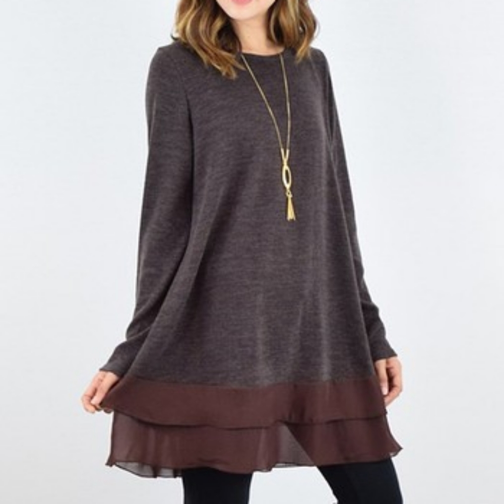 Egs by Elonges Brown Chiffon Hem Tunic